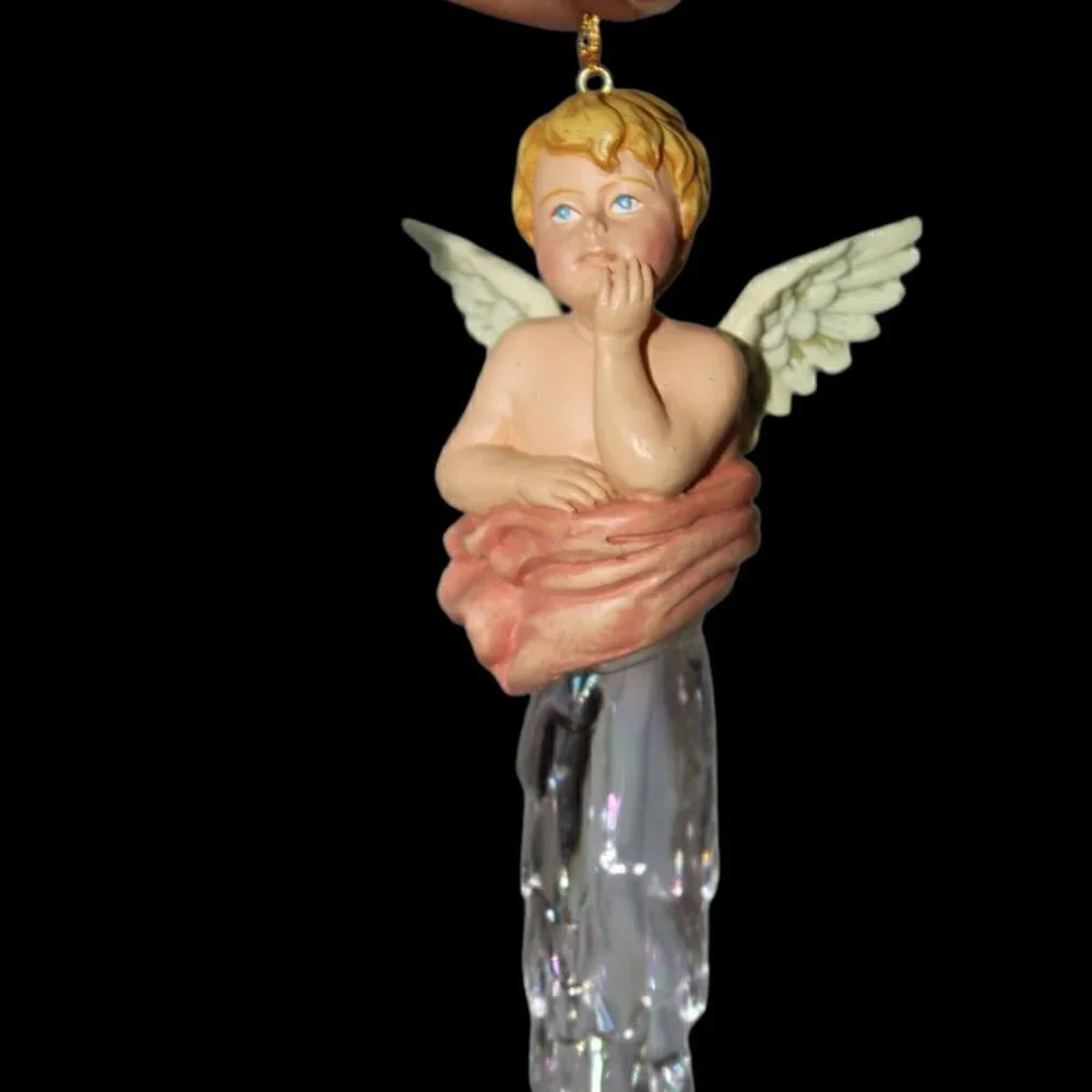 Vintage Icicle Angel tree ornament hand painted putty cherub holiday decoration